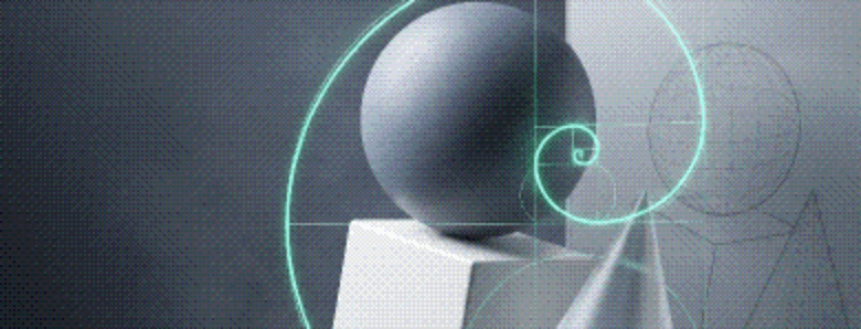 A sphere, cube and cone against a spiral curve